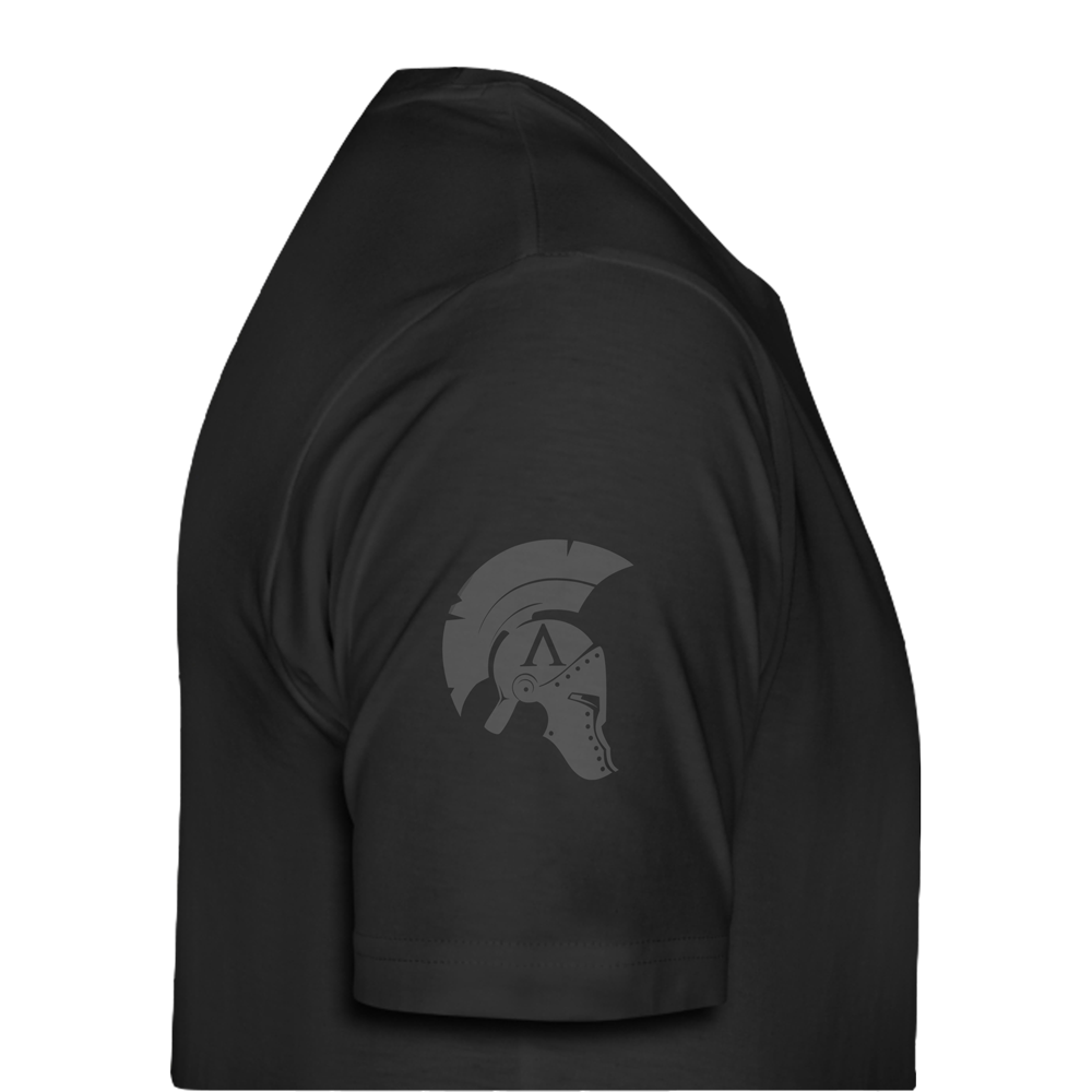Close up of Right sleeve of black cotton short sleeve unisex fit T-Shirt by Achilles Tactical Clothing Brand Showing grey printed Achilles Trojan helmet