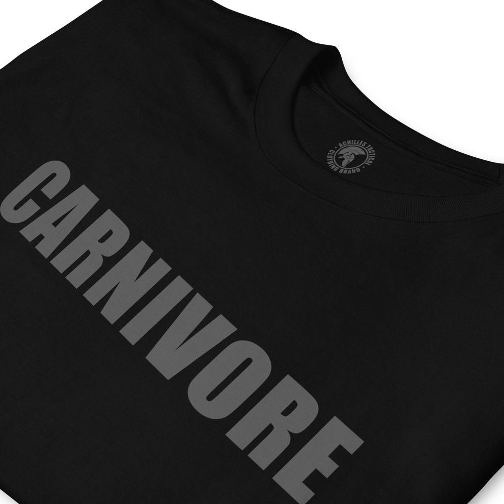 Folded Front view of Black short sleeve unisex fit cotton T-Shirt by Achilles Tactical Clothing Brand printed with Carnivore wording across chest