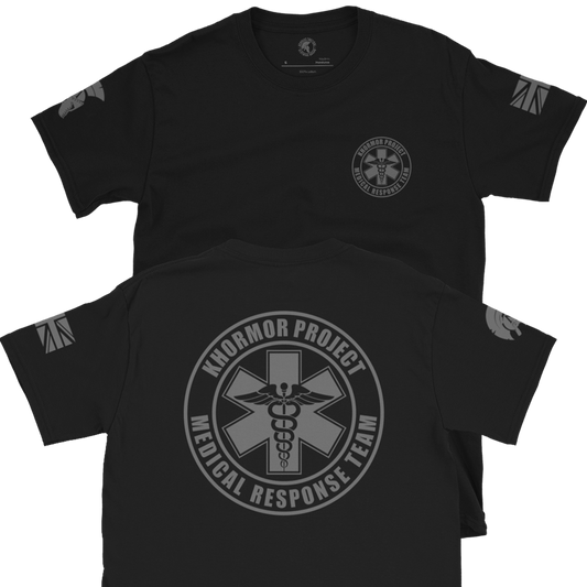 Front and Back of Black Cotton short sleeve unisex fit T-Shirt by Achilles Tactical Clothing Brand with Custom Khomor Project Medical Response Team Logo design across the Back and Front left chest