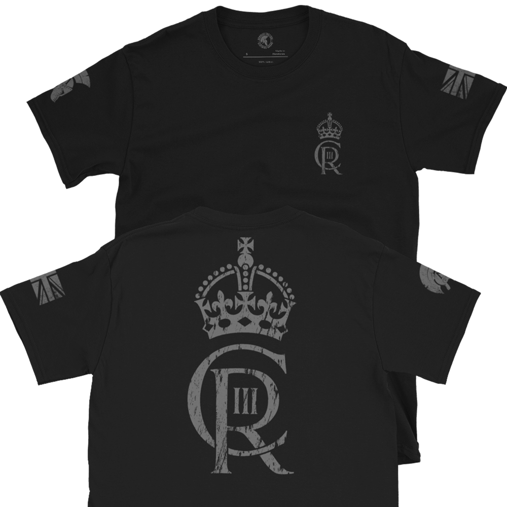 Front and Back of Black Cotton short sleeve unisex fit T-Shirt by Achilles Tactical Clothing Brand with King Charles III Official Cypher across Chest and Back