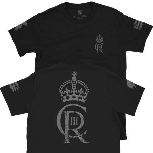 Front and Back of Black Cotton short sleeve unisex fit T-Shirt by Achilles Tactical Clothing Brand with King Charles III Official Cypher across Chest and Back