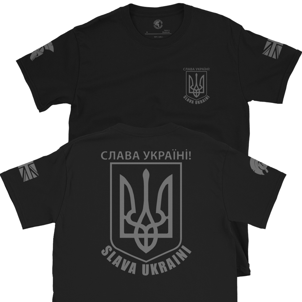 Front and Back of Black Cotton short sleeve unisex fit T-Shirt by Achilles Tactical Clothing Brand with SLAVA UKRAINI slogan and Ukraine Flag Logo design across the Back and Front left chest
