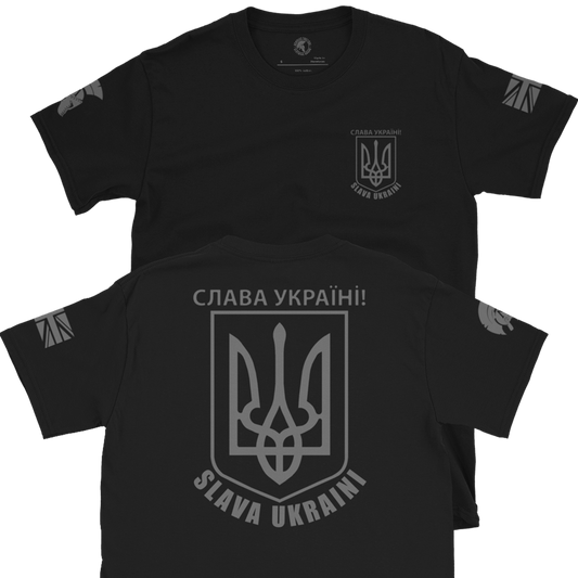 Front and Back of Black Cotton short sleeve unisex fit T-Shirt by Achilles Tactical Clothing Brand with SLAVA UKRAINI slogan and Ukraine Flag Logo design across the Back and Front left chest