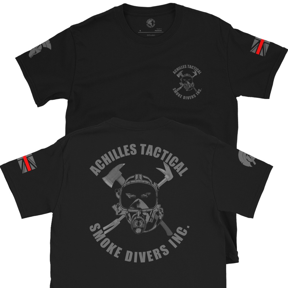 Front and Back of Black Cotton short sleeve unisex fit T-Shirt by Achilles Tactical Clothing Brand with smoke divers inc. firefighter Logo design across the Back and Front left chest