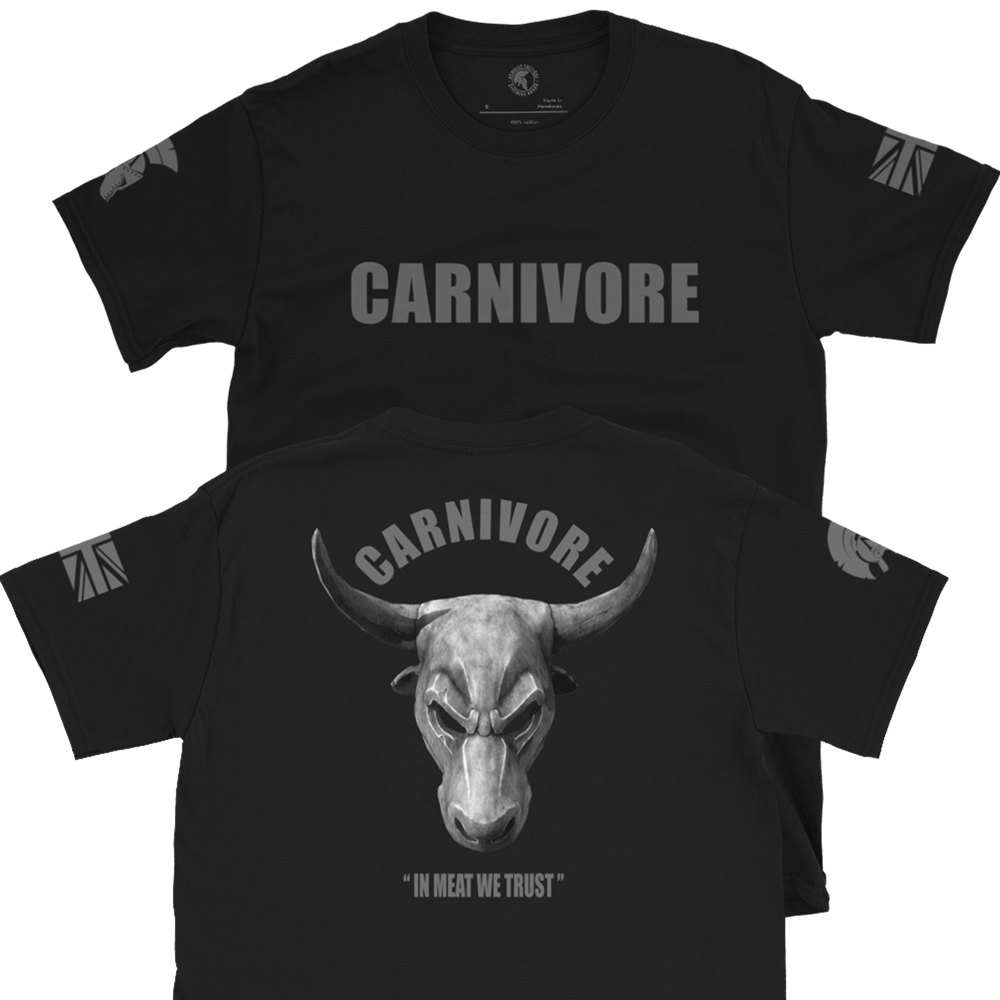 Front and Back view of Black short sleeve unisex fit cotton T-Shirt by Achilles Tactical Clothing Brand printed with Carnivore wording across chest and with Carnivore Bulls Head design across the Back