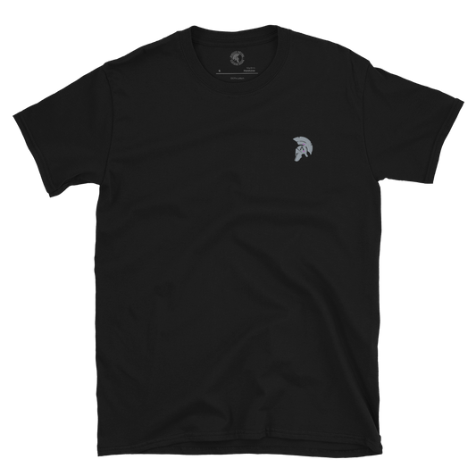 Front of Black Cotton short sleeve unisex fit T-Shirt by Achilles Tactical Clothing Brand with Achilles Logo design embroidered on the Front left chest