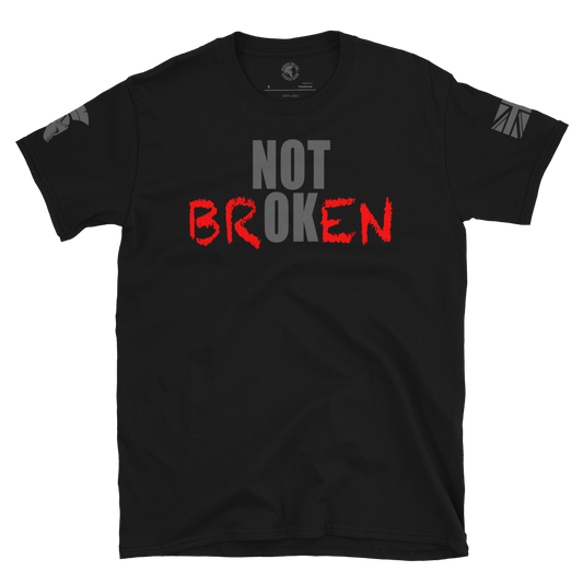 Front view of Black short sleeve unisex fit cotton T-Shirt by Achilles Tactical Clothing Brand printed with NOT OK BROKEN design across the Front