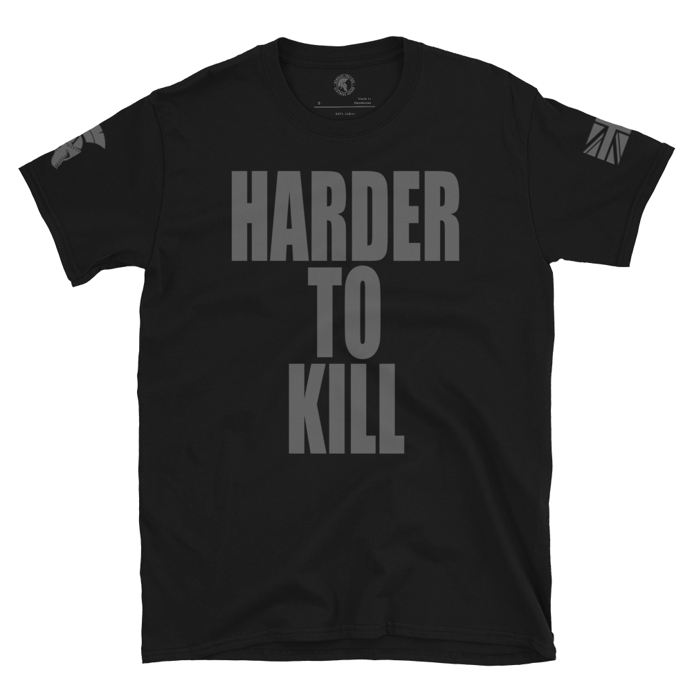 Front view of Black short sleeve unisex fit cotton T-Shirt by Achilles Tactical Clothing Brand printed with HARDER TO KILL design across the Front