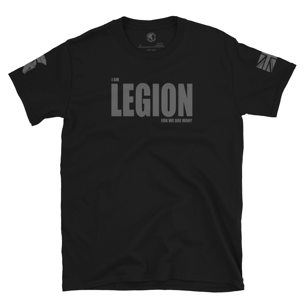 Front view of Black short sleeve unisex fit cotton T-Shirt by Achilles Tactical Clothing Brand printed with Legion wording across the Front