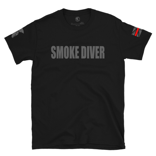 Front view of Black short sleeve unisex fit cotton T-Shirt by Achilles Tactical Clothing Brand printed with SMOKE DIVER across the Front