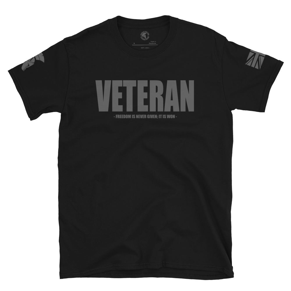 Front view of Black short sleeve unisex fit cotton T-Shirt by Achilles Tactical Clothing Brand printed with Veteran wording across the Front