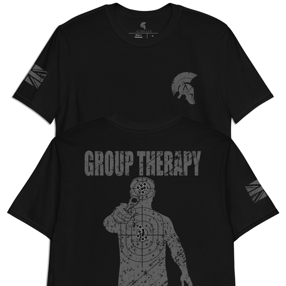 Achilles Tactical GROUP THERAPY With Shooting Target Design Back Print on 100% Cotton Black Short Sleeve T-shirt by Achilles Tactical Clothing Brand