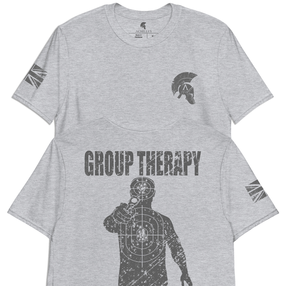 Achilles Tactical GROUP THERAPY With Shooting Target Design Back Print on 100% Cotton Sport Grey Short Sleeve T-shirt by Achilles Tactical Clothing Brand