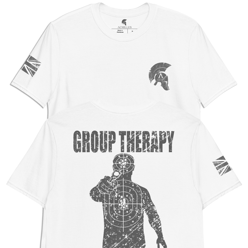 Achilles Tactical GROUP THERAPY With Shooting Target Design Back Print on 100% Cotton White Short Sleeve T-shirt by Achilles Tactical Clothing Brand
