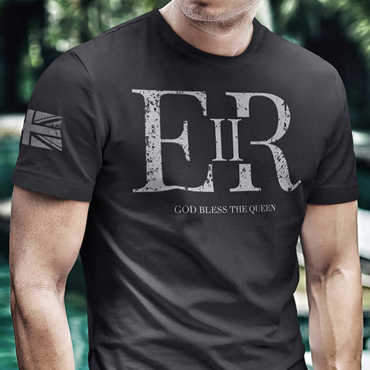 Man Wearing Black short sleeve unisex fit cotton T-Shirt by Achilles Tactical Clothing Brand printed with ER II Queen Elizabeth II God Bless The Queen across the chest by Achilles Tactical Clothing Brand