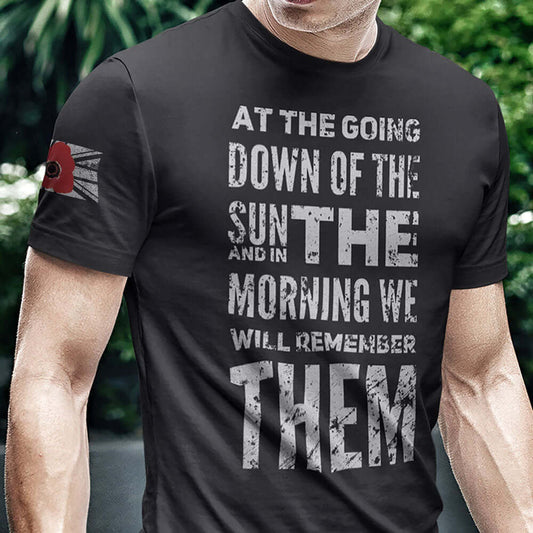 Man Wearing Black short sleeve unisex fit cotton T-Shirt by Achilles Tactical Clothing Brand printed with Ode To Remembrance We Will Remember Them across the chest by Achilles Tactical Clothing Brand