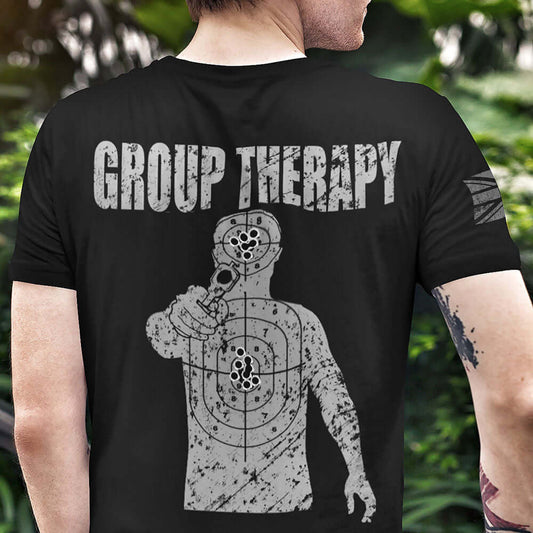Man Wearing black 100% Cotton short sleeve unisex fit T-shirt with GROUP THERAPY slogan With Shooting Target Design printed on by Achilles Tactical Clothing Brand