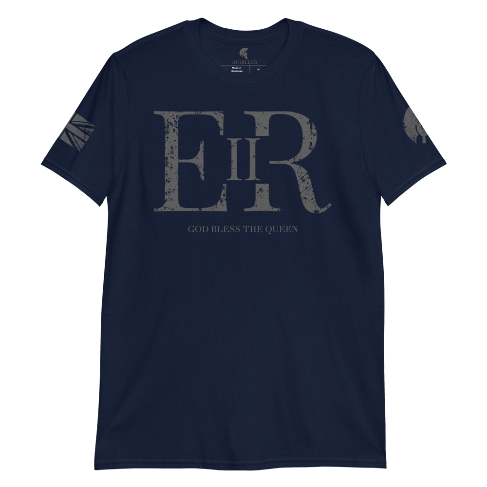 Navy Blue short sleeve unisex fit cotton T-Shirt by Achilles Tactical Clothing Brand printed with ER II Queen Elizabeth II God Bless The Queen across the chest by Achilles Tactical Clothing Brand