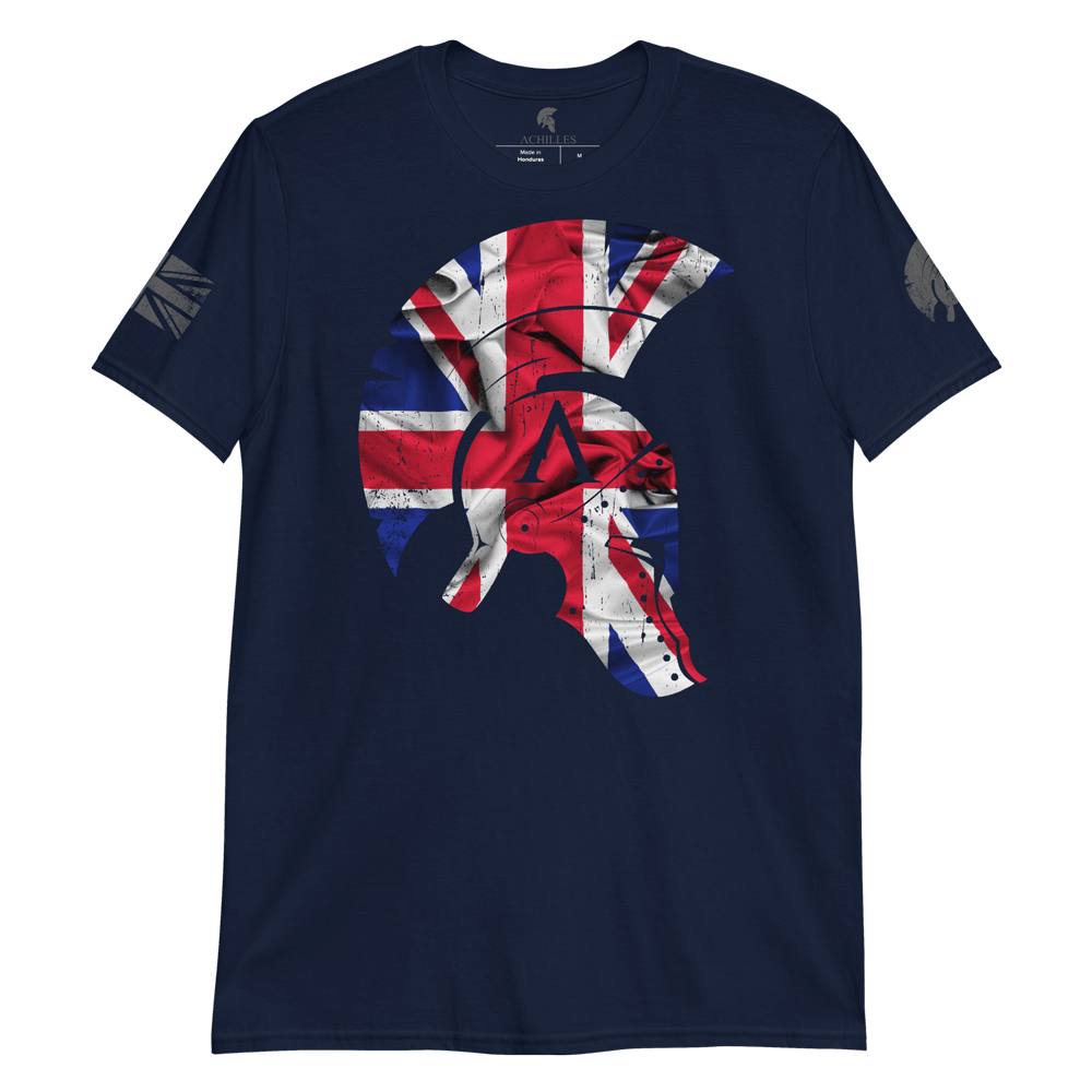Navy Blue short sleeve unisex fit cotton T-Shirt by Achilles Tactical Clothing Brand printed with Large Achilles Icon Helmet with Union flag across the chest by Achilles Tactical Clothing Brand