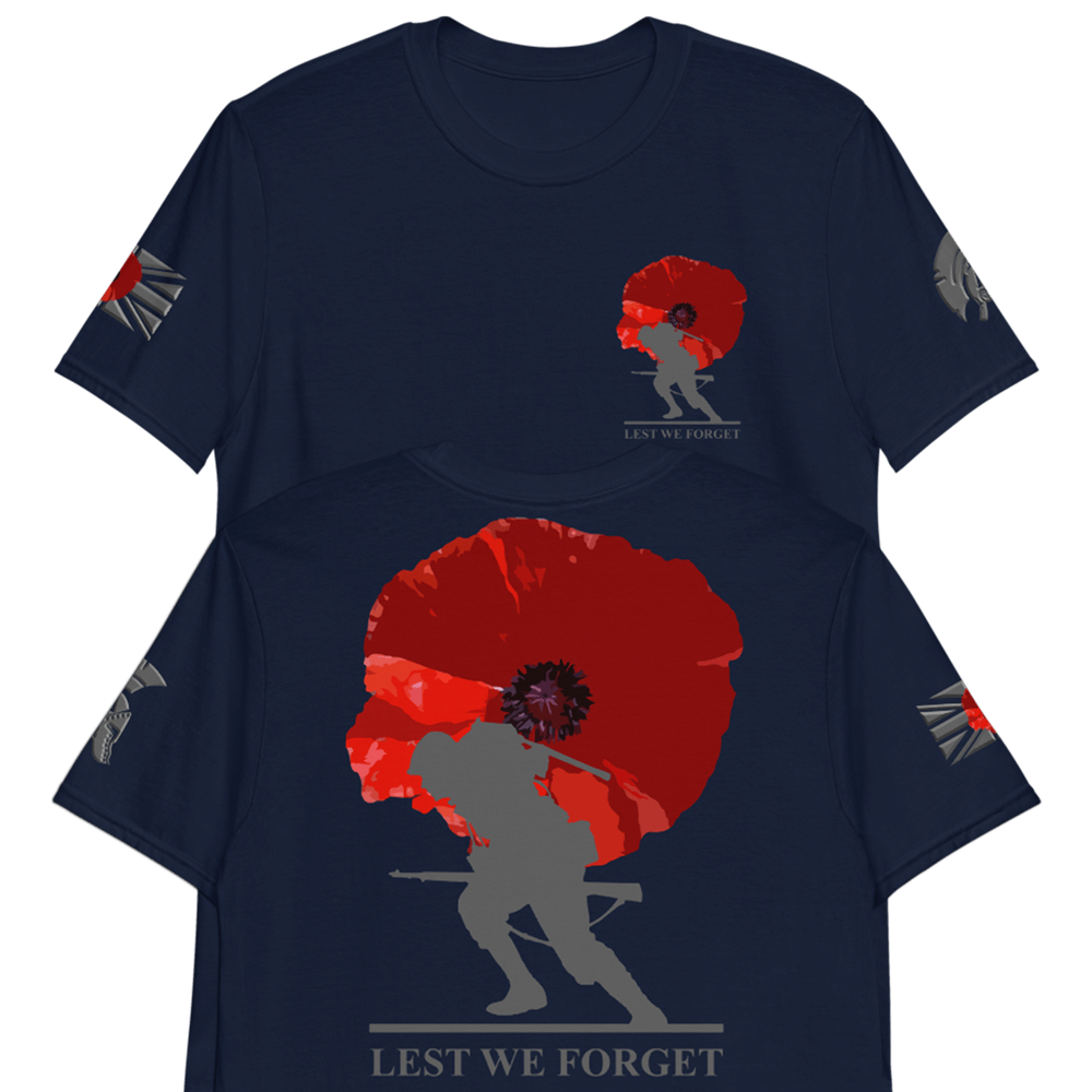 Navy Blue short sleeve unisex fit cotton T-Shirt by Achilles Tactical Clothing Brand printed with soldier and poppy lest we forget across the back