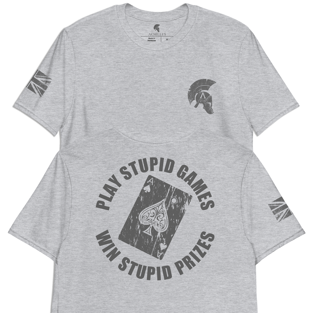 Sport Grey Short sleeve unisex fit cotton t-shirt designed by Achilles Tactical Clothing brand printed with Play Stupid Games Win Stupid Prizes and the Ace of spades playing with bullet hole across back