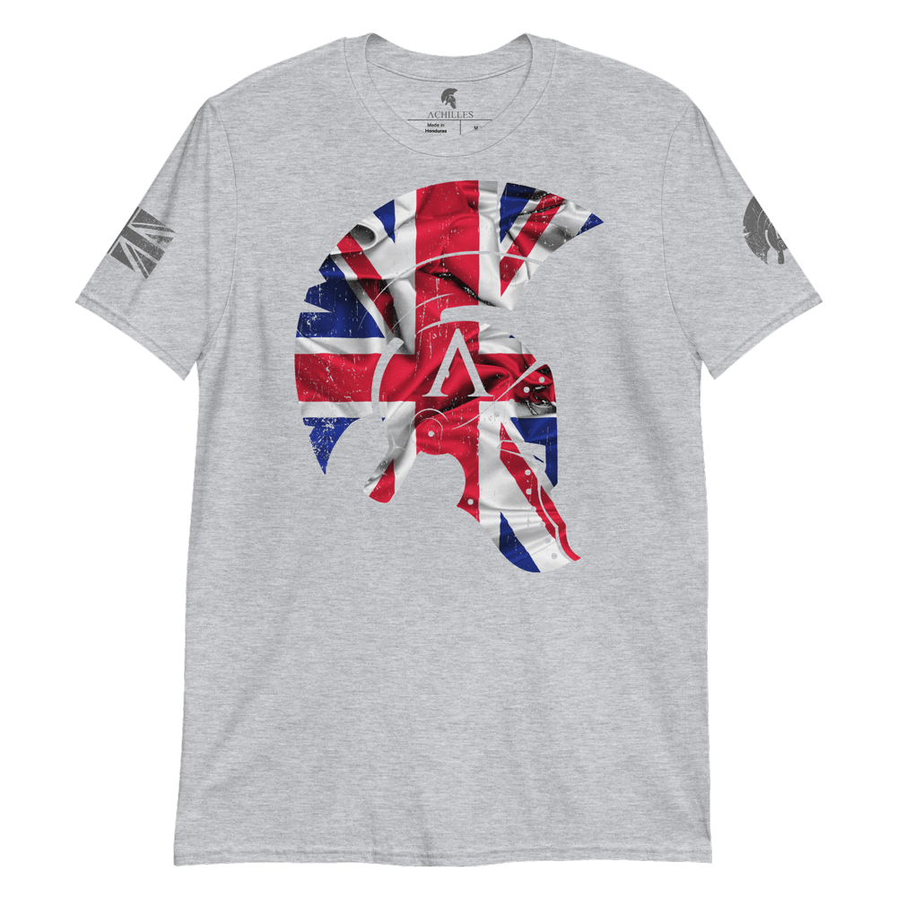 Sport Grey short sleeve unisex fit cotton T-Shirt by Achilles Tactical Clothing Brand printed with Large Achilles Icon Helmet with Union flag across the chest by Achilles Tactical Clothing Brand