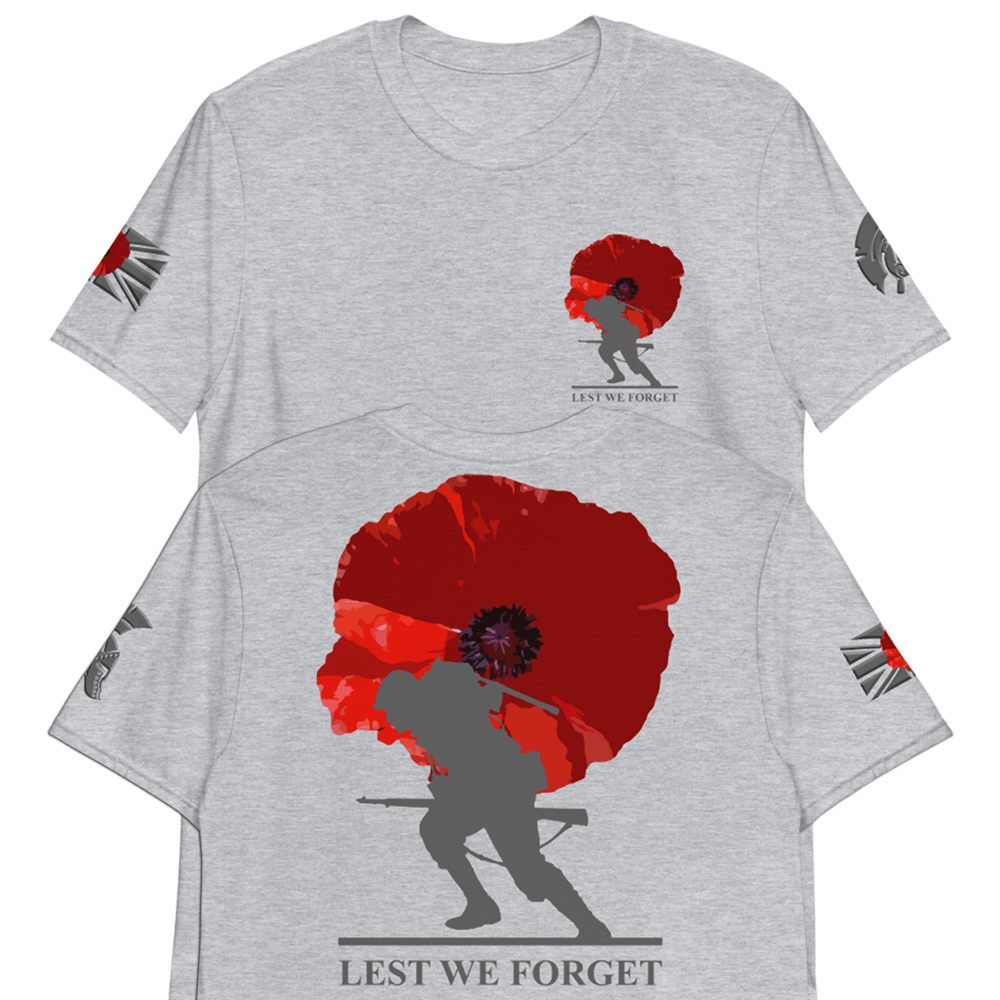 Sport grey short sleeve unisex fit cotton T-Shirt by Achilles Tactical Clothing Brand printed with soldier and poppy lest we forget across the back
