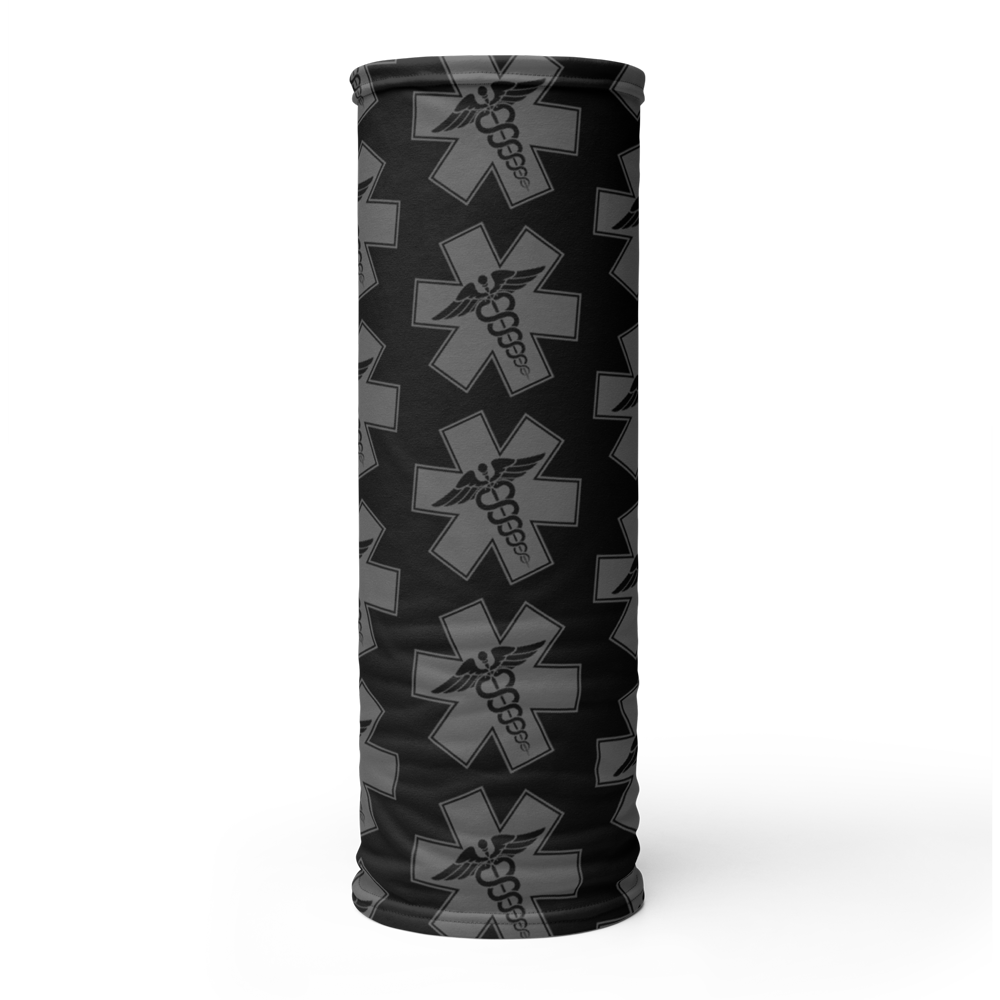 Tube View of black Achilles Tactical Clothing Brand head face and neck tube printed with wolf grey repeating Tac Medic Logo design