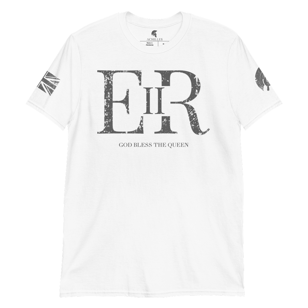 White short sleeve unisex fit cotton T-Shirt by Achilles Tactical Clothing Brand printed with ER II Queen Elizabeth II God Bless The Queen across the chest by Achilles Tactical Clothing Brand