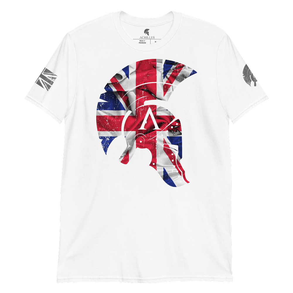 White short sleeve unisex fit cotton T-Shirt by Achilles Tactical Clothing Brand printed with Large Achilles Icon Helmet with Union flag across the chest by Achilles Tactical Clothing Brand