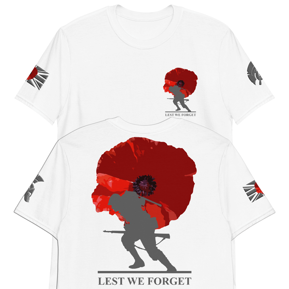 White short sleeve unisex fit cotton T-Shirt by Achilles Tactical Clothing Brand printed with soldier and poppy lest we forget across the back