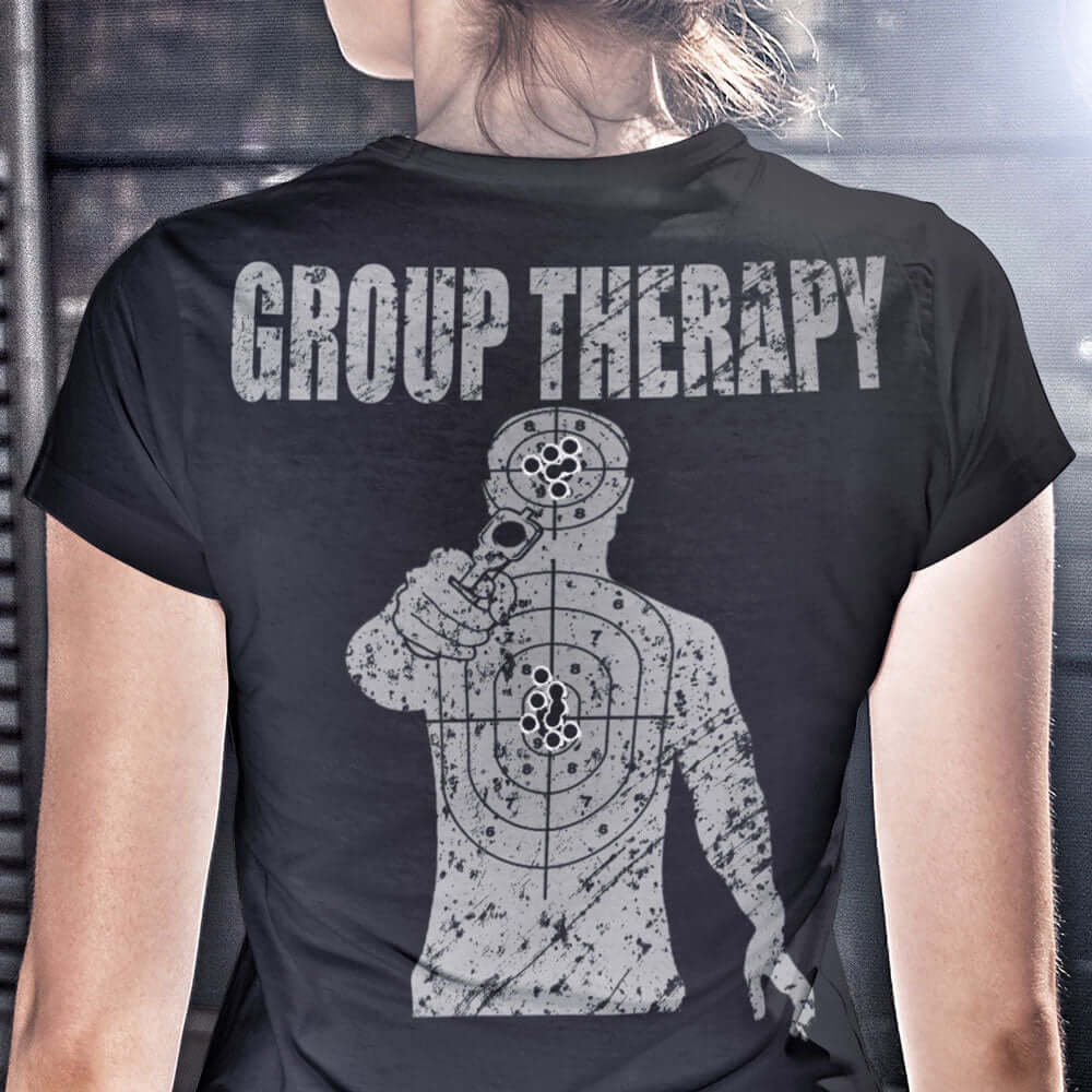 Woman Wearing black 100% Cotton short sleeve unisex fit T-shirt with GROUP THERAPY slogan With Shooting Target Design printed on by Achilles Tactical Clothing Brand