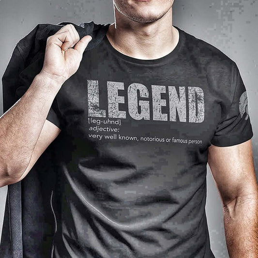 Man Wearing Achilles Branded LEGEND Definition Design On Chest Of Black 100% Cotton Short Sleeve T-Shirt Chest Print by Achilles Tactical Clothing Brand